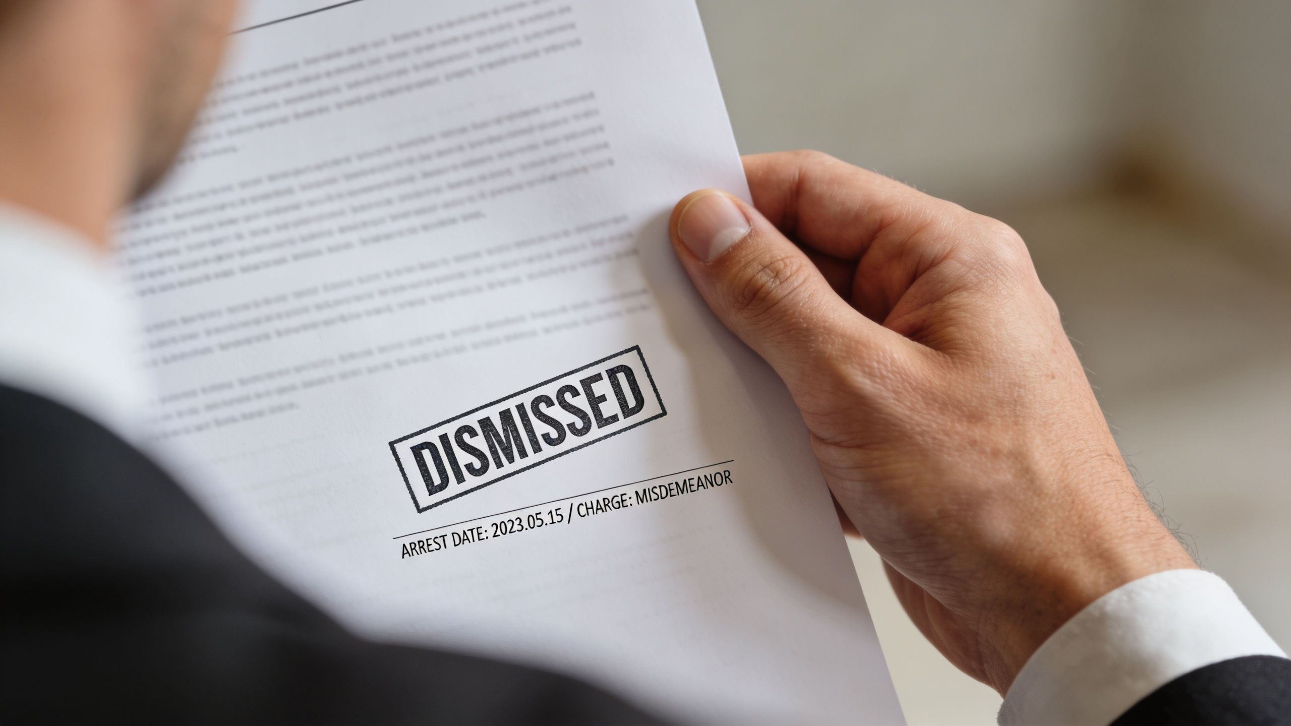 A person in a suit holding a document with a DISMISSED stamp and charge information.