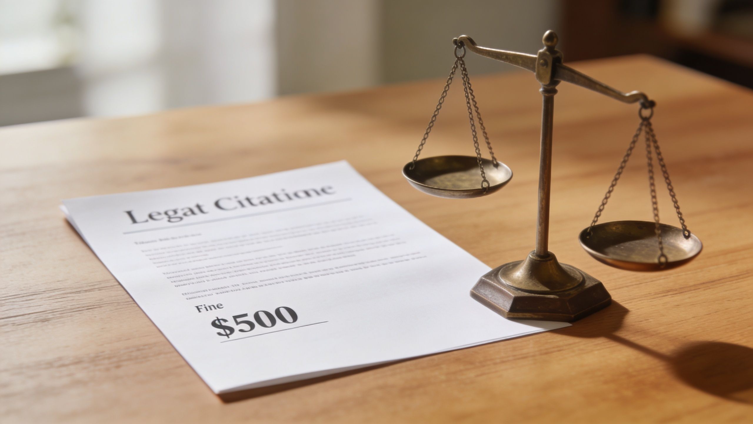 A document titled Legal Citation with a $500 fine sits on a table next to brass scales.