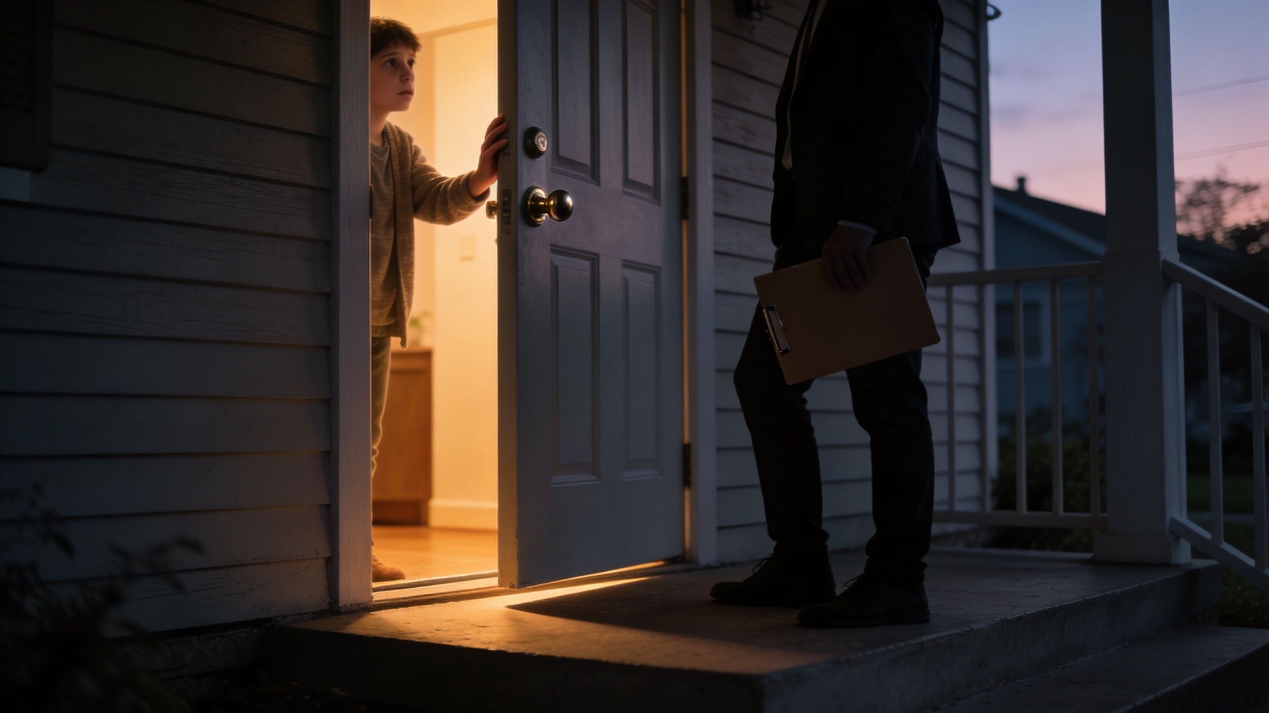 A child stands at the front door cautiously looking at a person in a suit holding a clipboard.