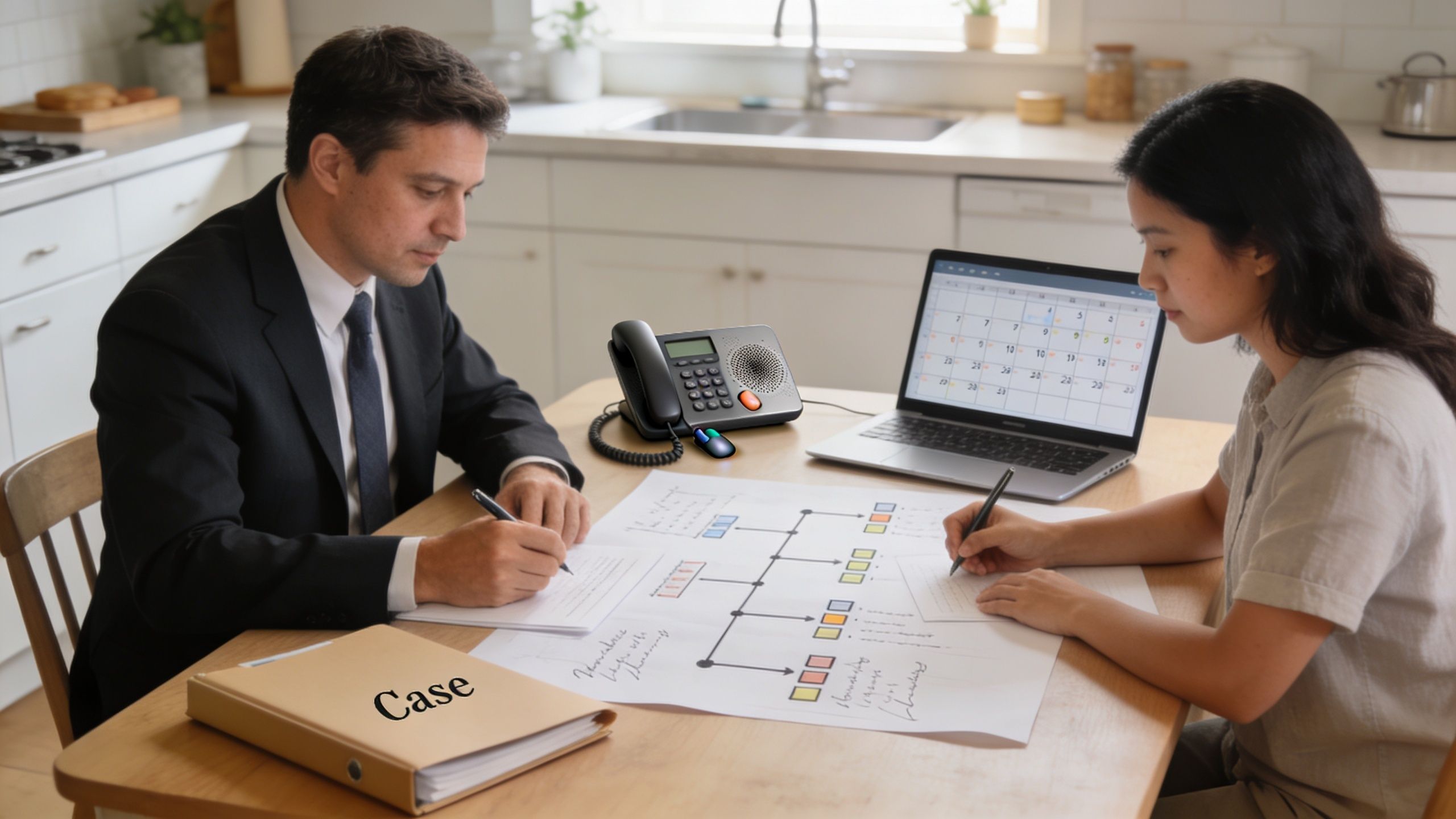 A professional man and a woman sitting at a table discussing legal case documents and plans.