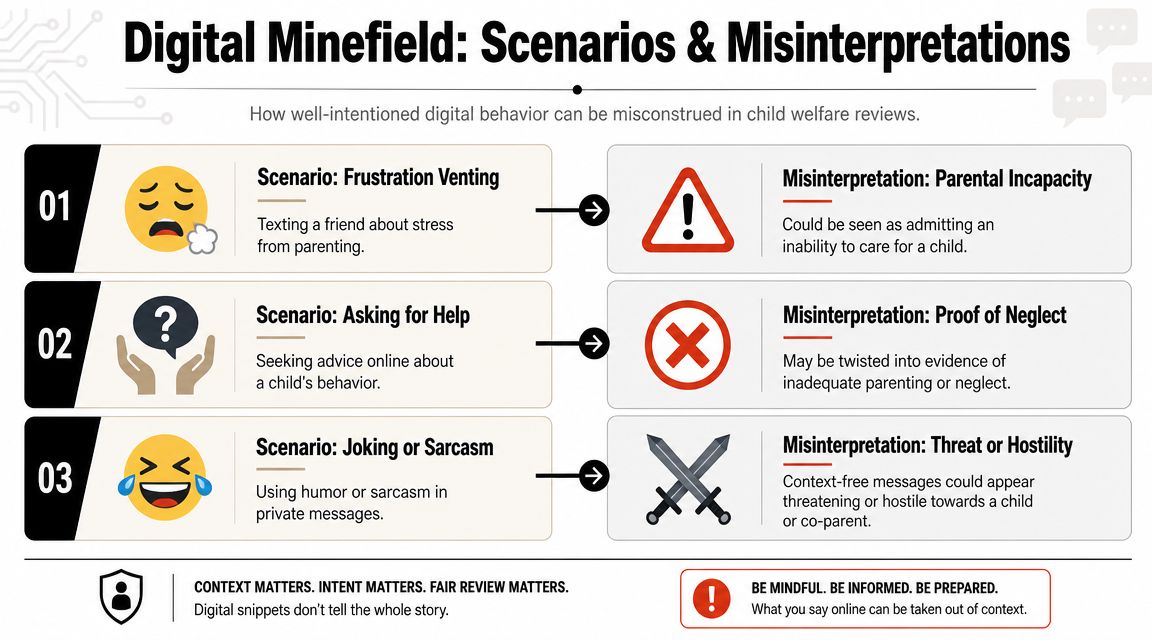 An infographic illustrating how common digital behaviors like venting or sarcasm can be misinterpreted by child welfare services.