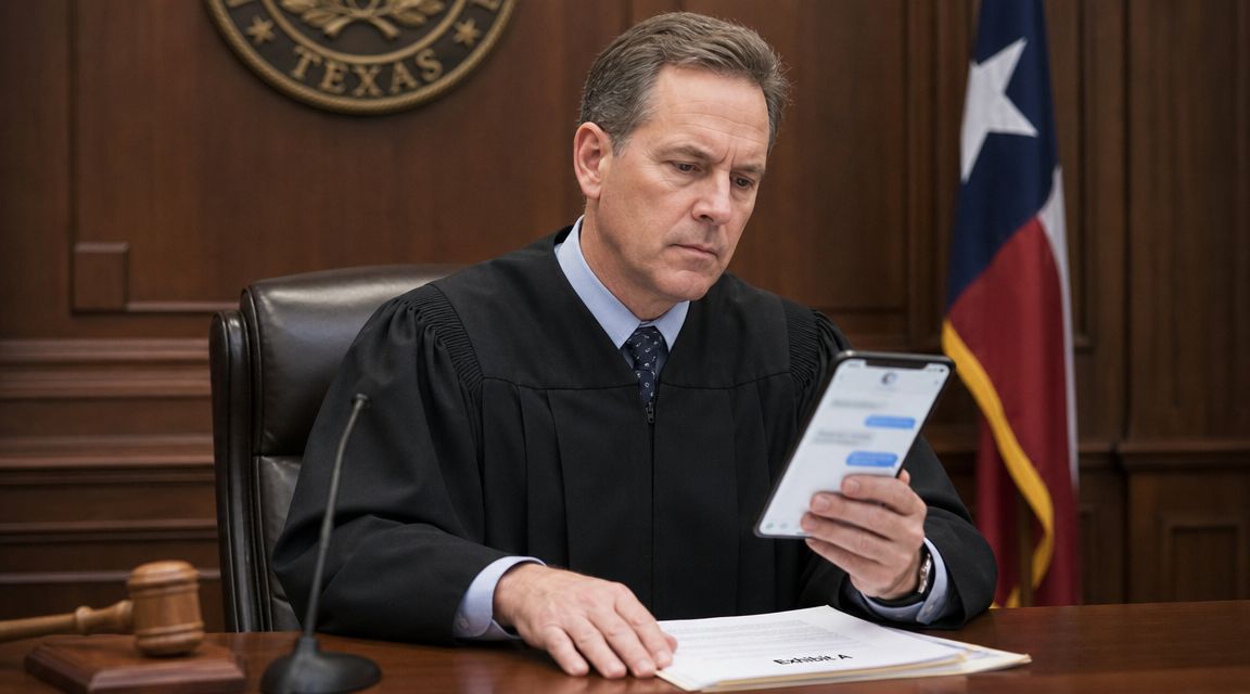 A judge in a courtroom setting examining text messages on a smartphone as evidence during legal proceedings.