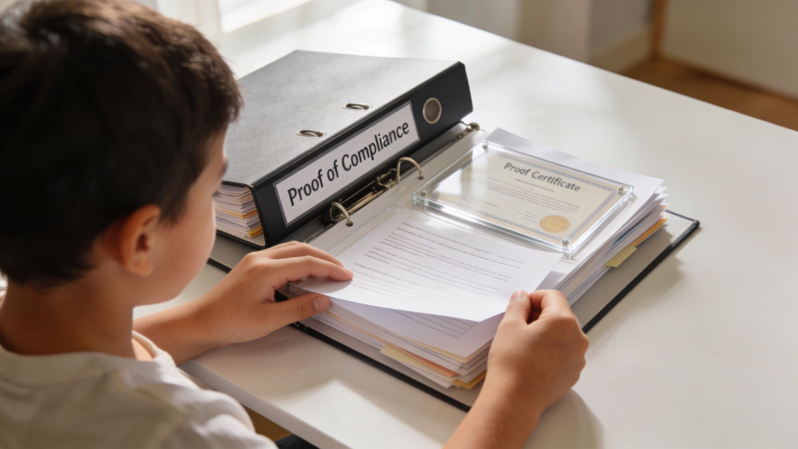 A young boy looking through a binder labeled Proof of Compliance with an official certificate inside.