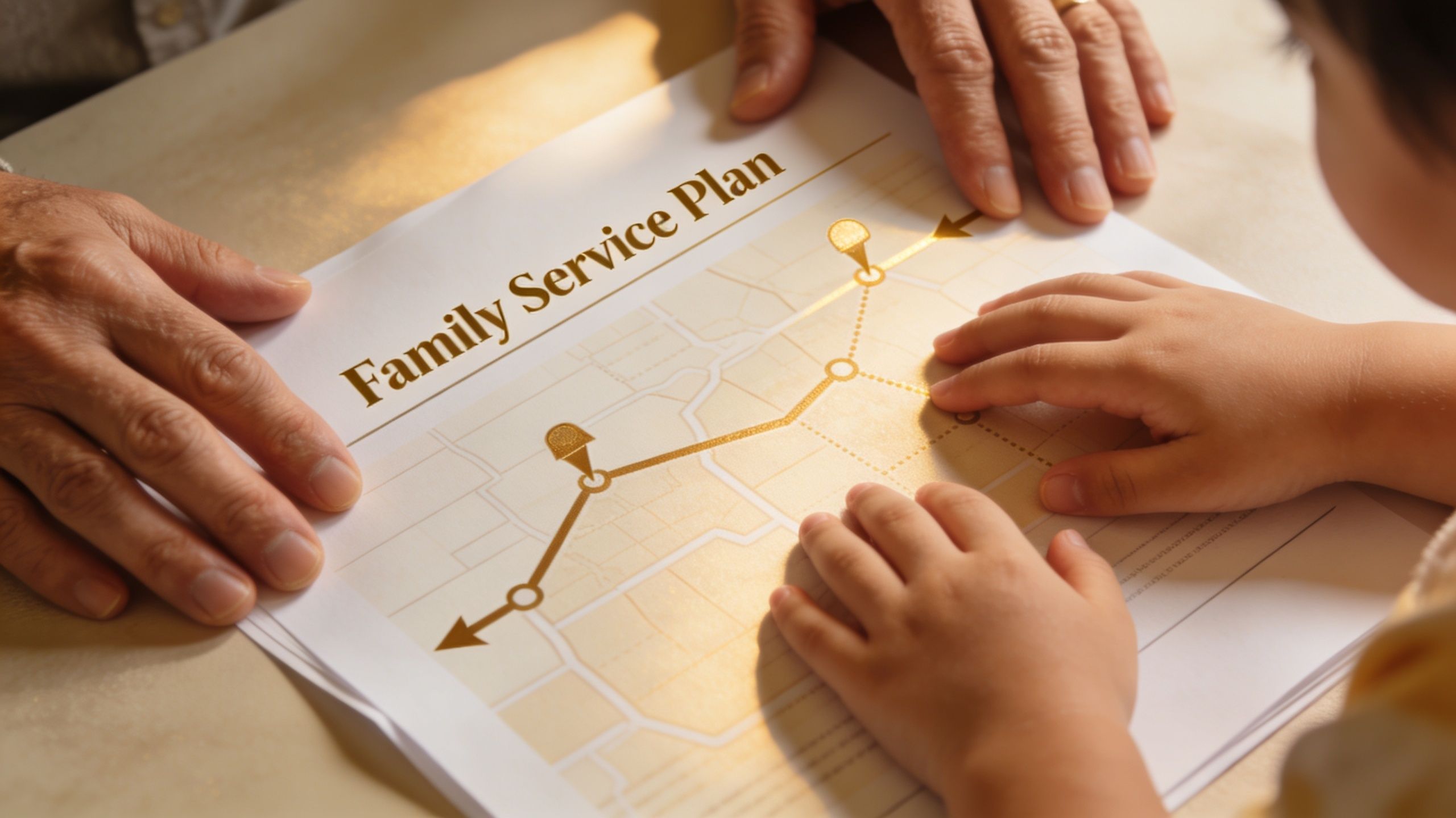 An elderly person and a young child review a Family Service Plan document together on a table.