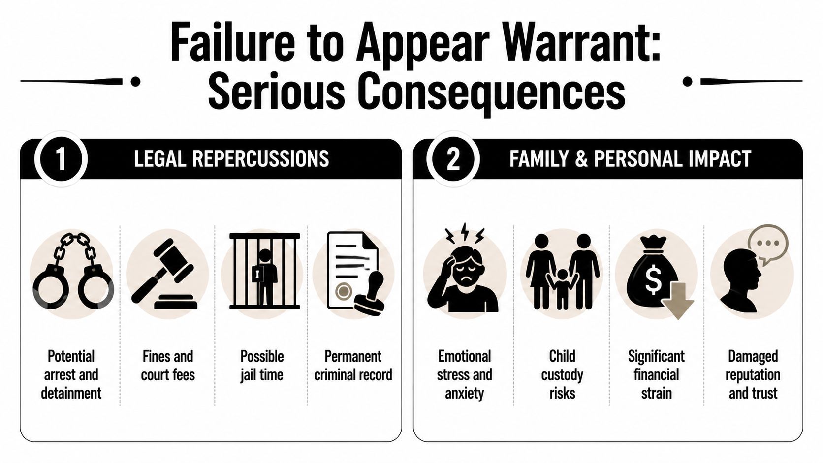 An infographic detailing the serious legal and personal consequences of a failure to appear warrant in court.