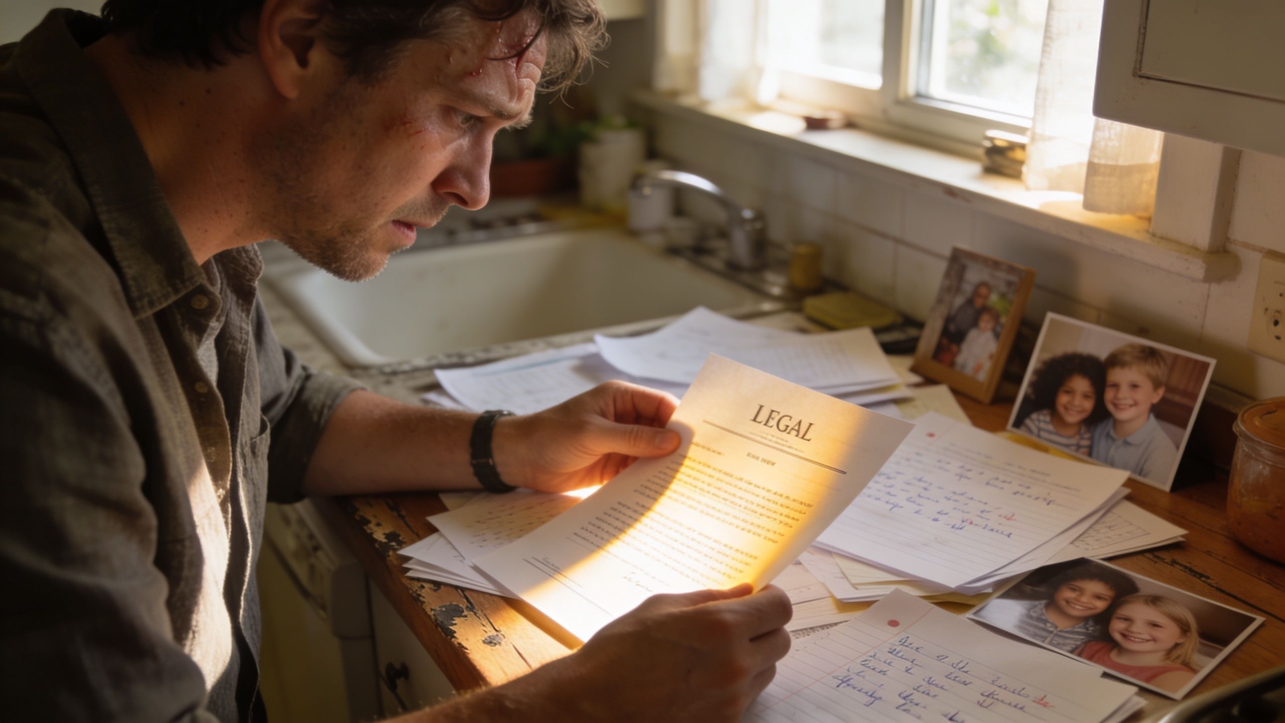 A concerned man with a bruised forehead reads a legal document in a sunlit kitchen filled with family photos.