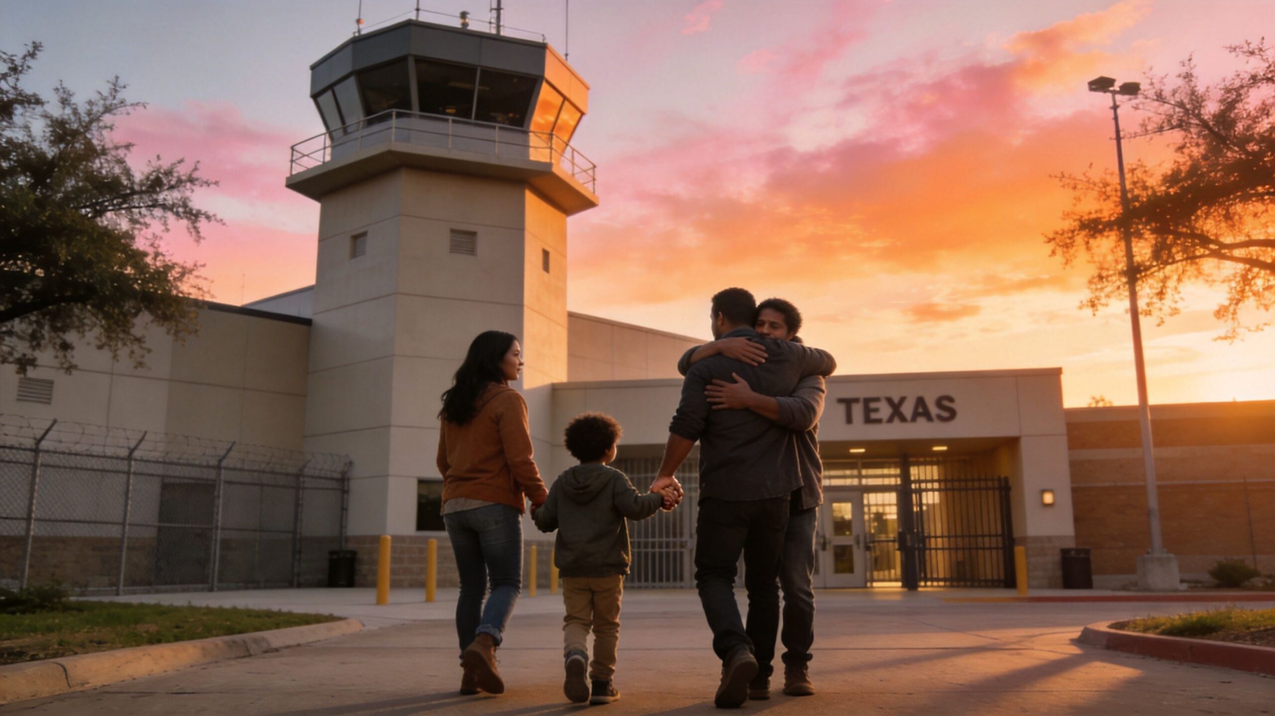 A family reuniting with a loved one outside of a Texas detention facility during a golden sunset.