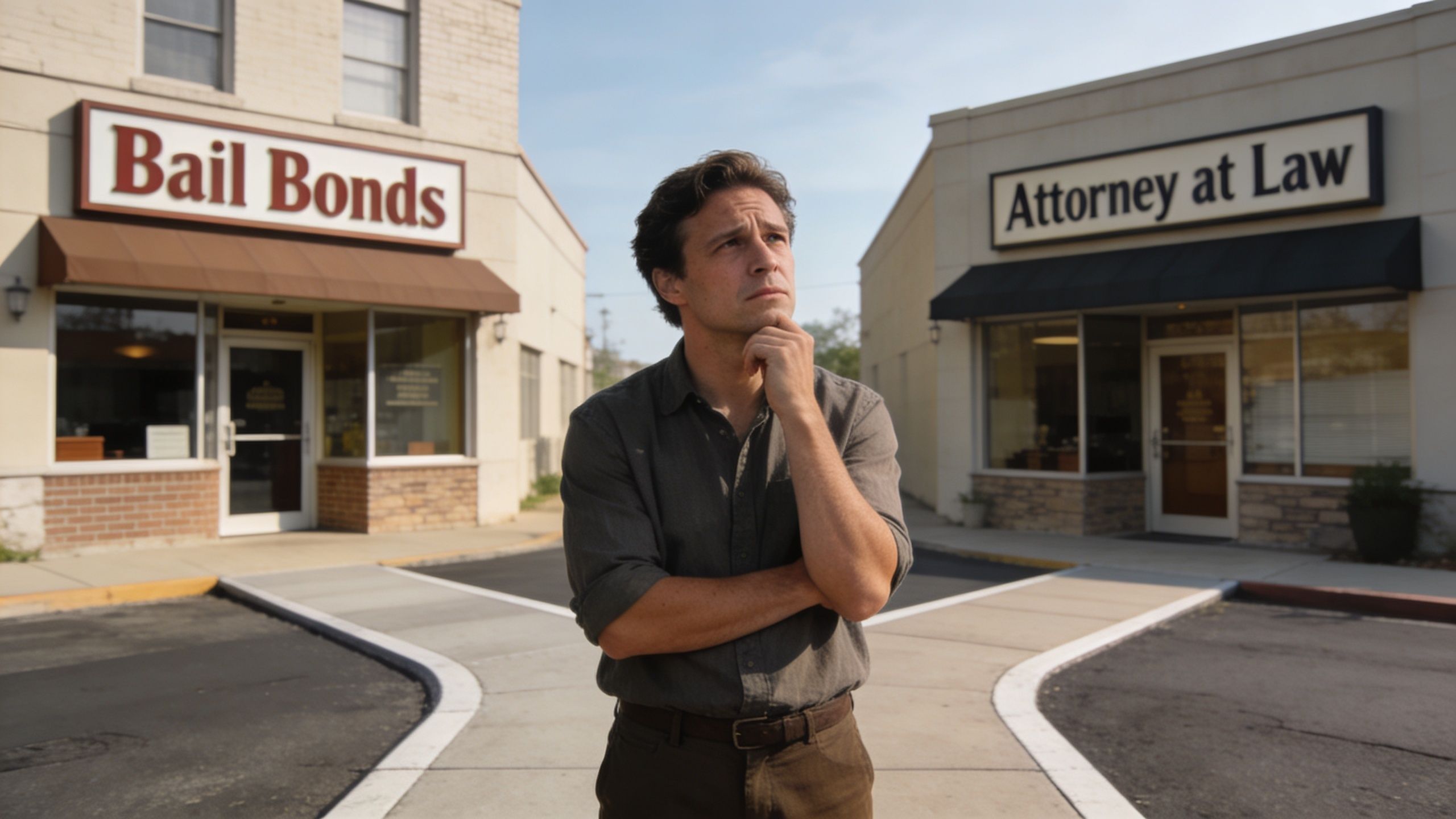 A contemplative man stands at a fork in the road between a bail bonds office and law office.
