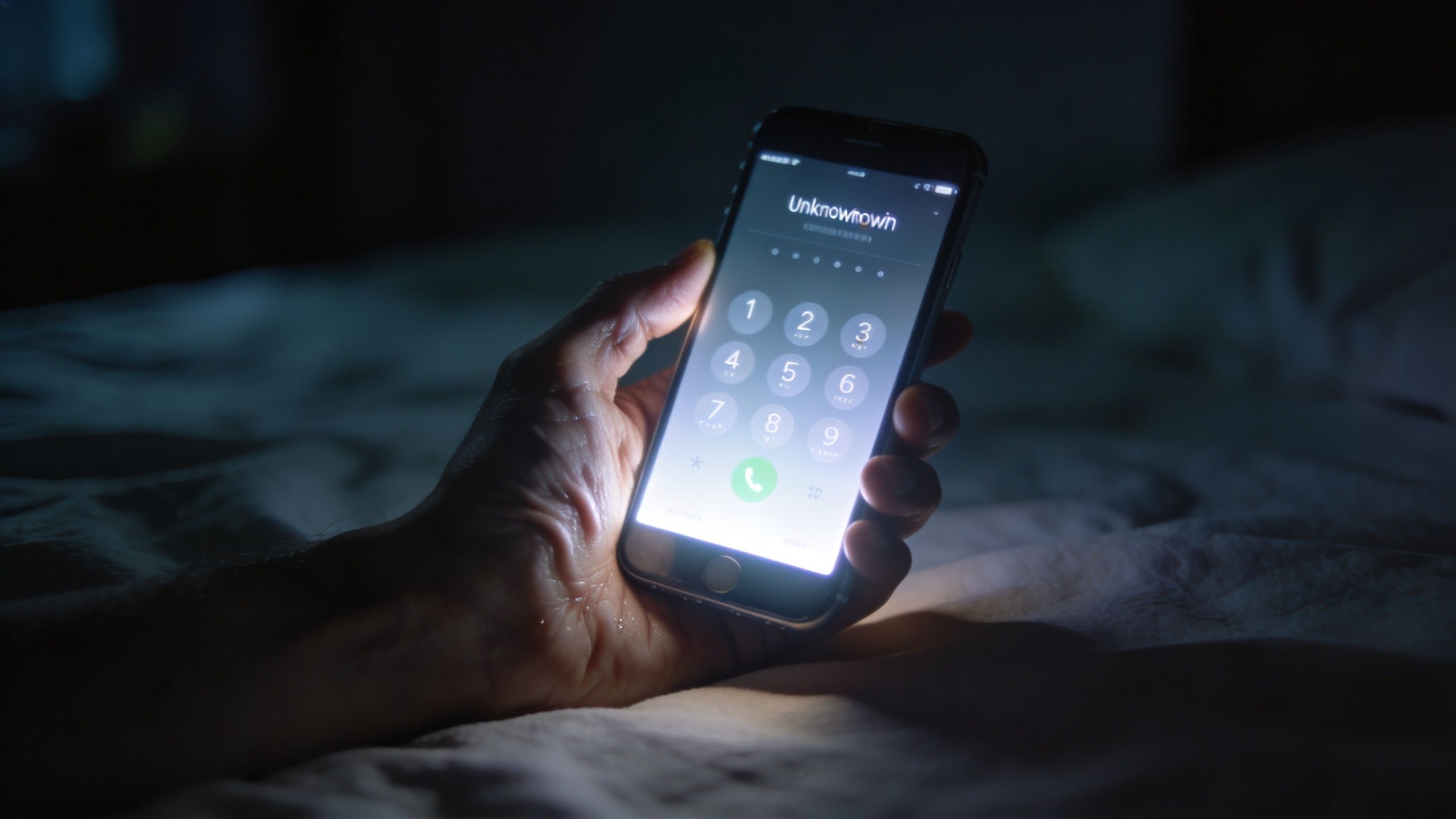 A close-up of a hand holding a glowing smartphone in a dark room displaying an unknown caller ID.