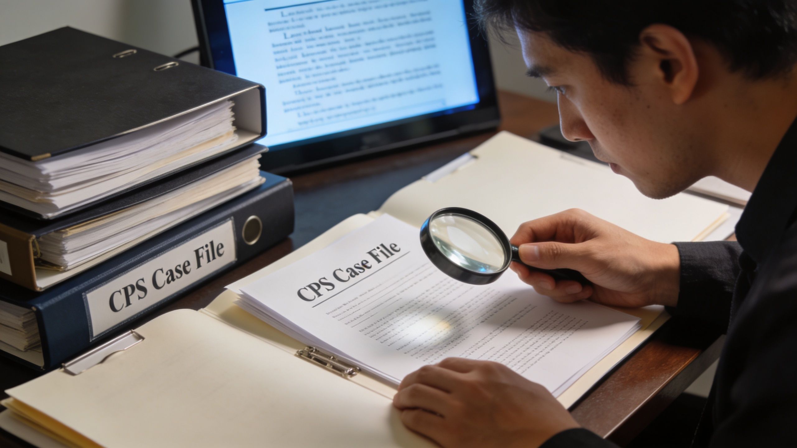 A professional analyzing a CPS case file document with a magnifying glass at a desk.