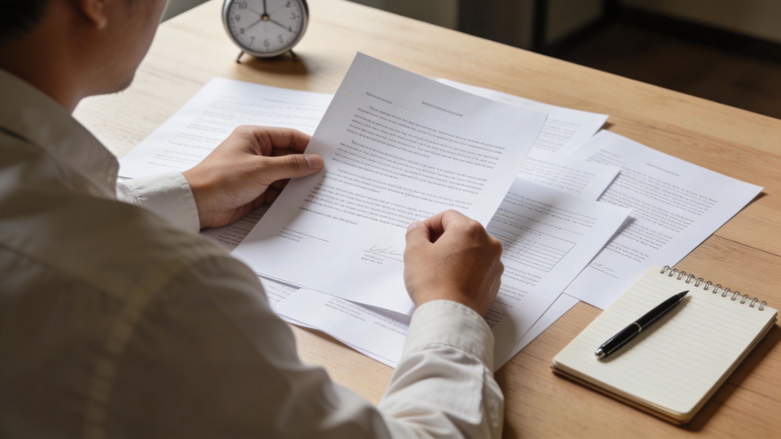 A professional analyzing legal documents at a wooden desk with a notebook and pen nearby.