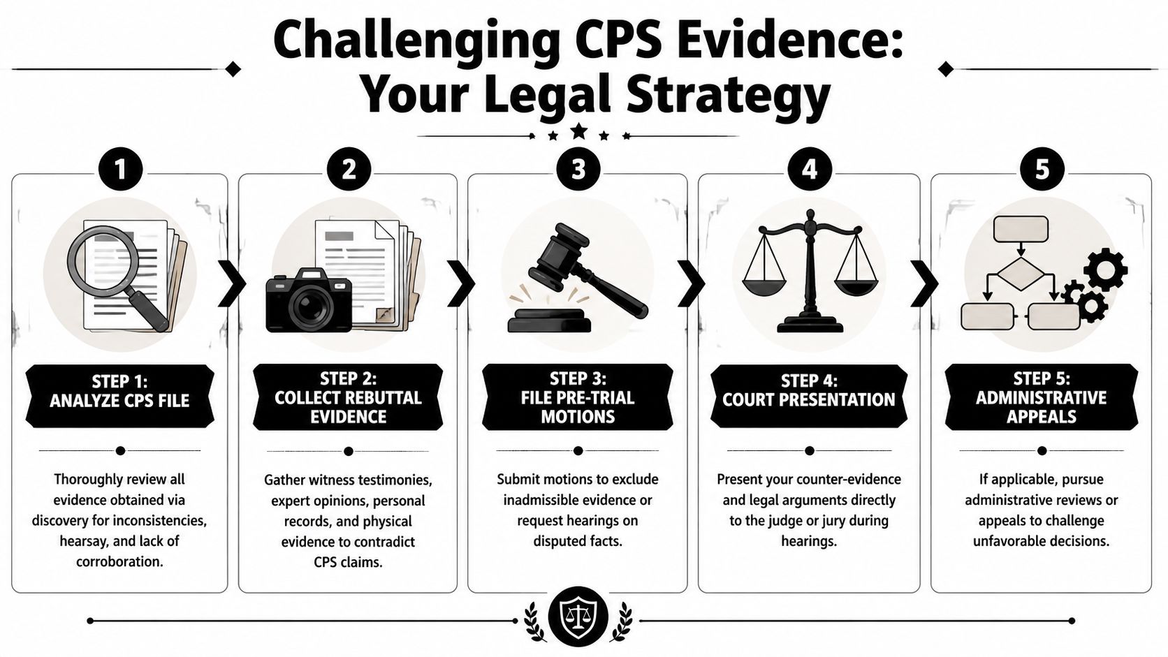 A five-step legal guide infographic explaining how to challenge child protective services evidence in court.