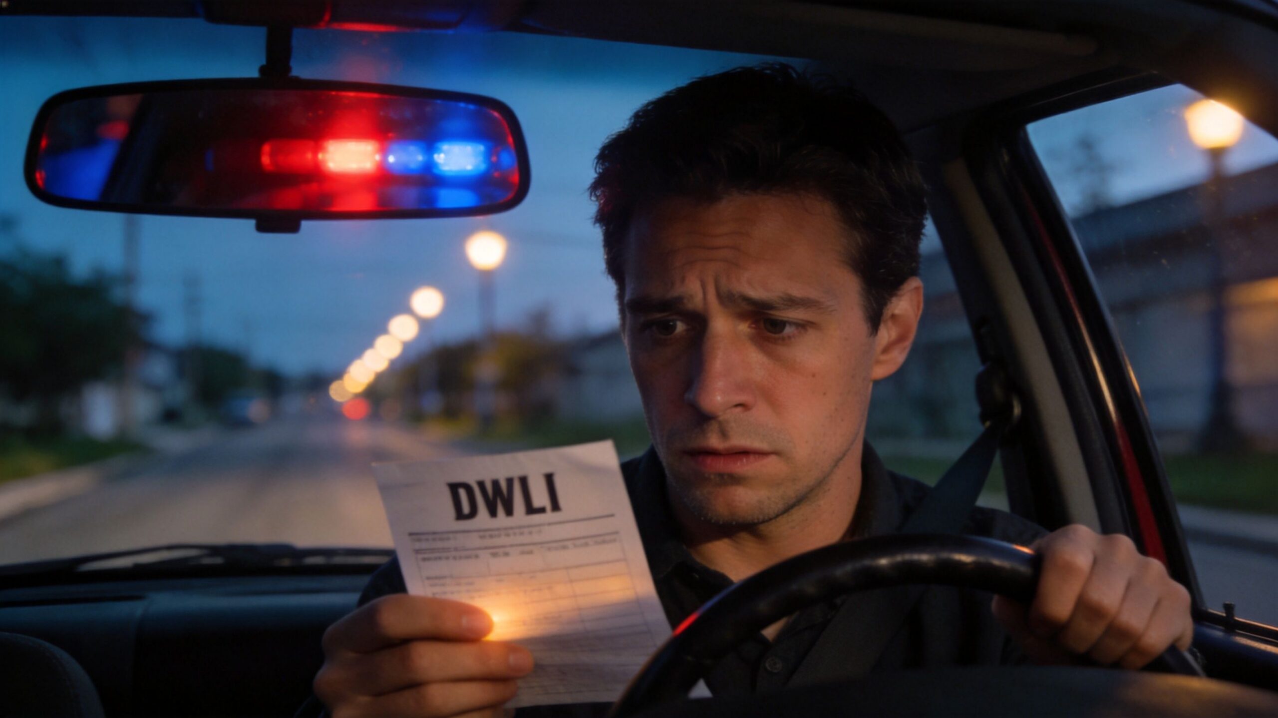 A concerned driver sitting in a car holding a document labeled DWLI while police lights flash behind him.