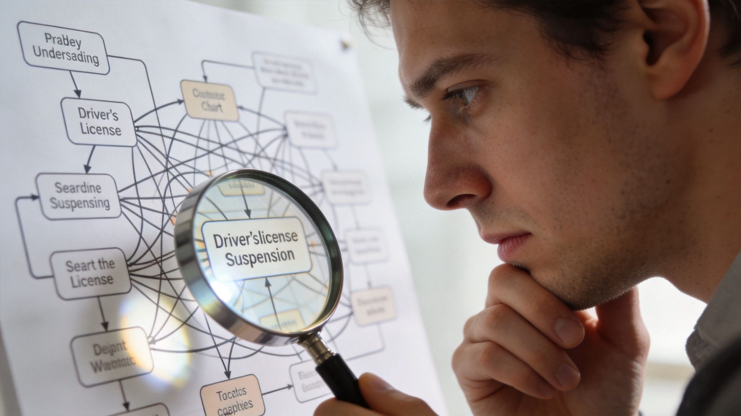 A man examines a complex flowchart about driver's license suspension using a magnifying glass.