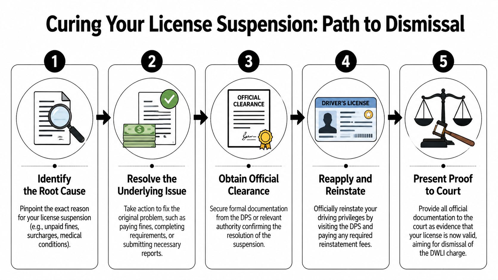 A five-step infographic showing the process to dismiss a driver's license suspension charge in court.