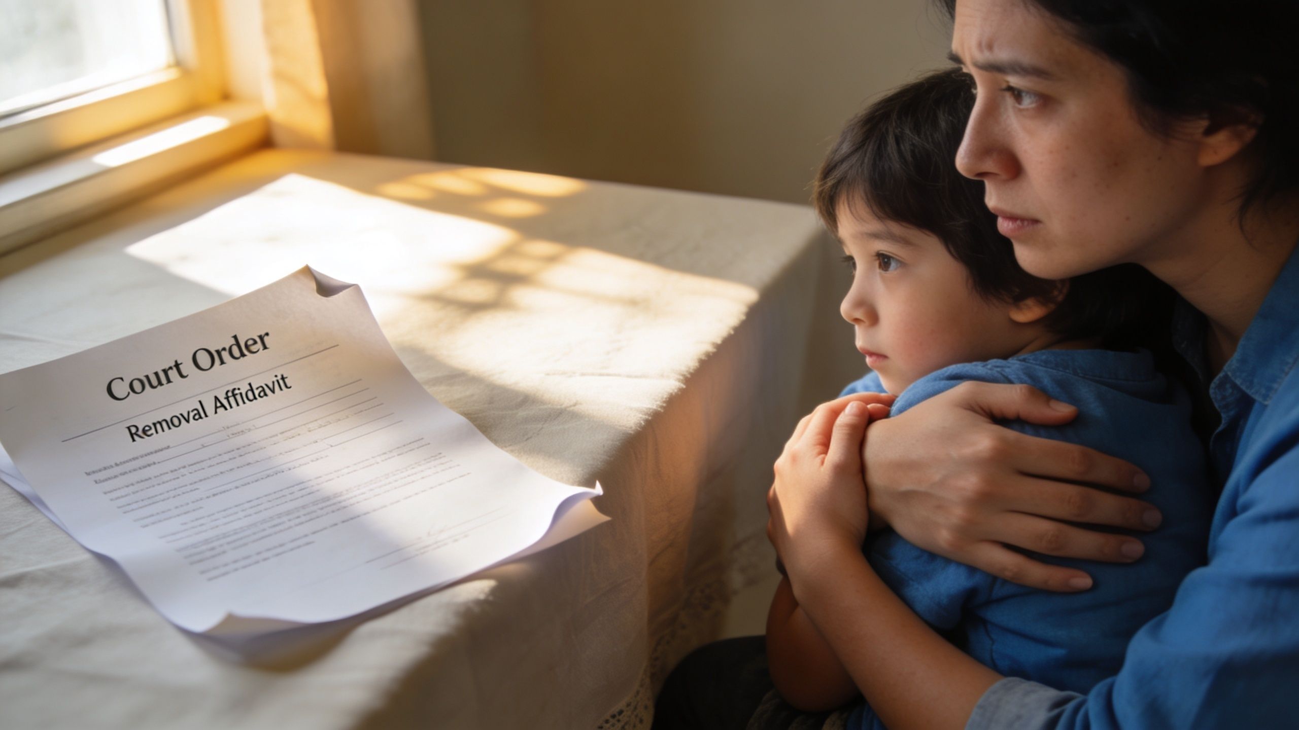 A concerned mother holding her young son while looking at a Court Order Removal Affidavit document.