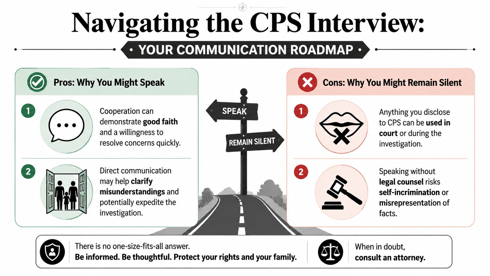 A visual communication roadmap guide explaining the pros of speaking and cons of remaining silent during a CPS interview.