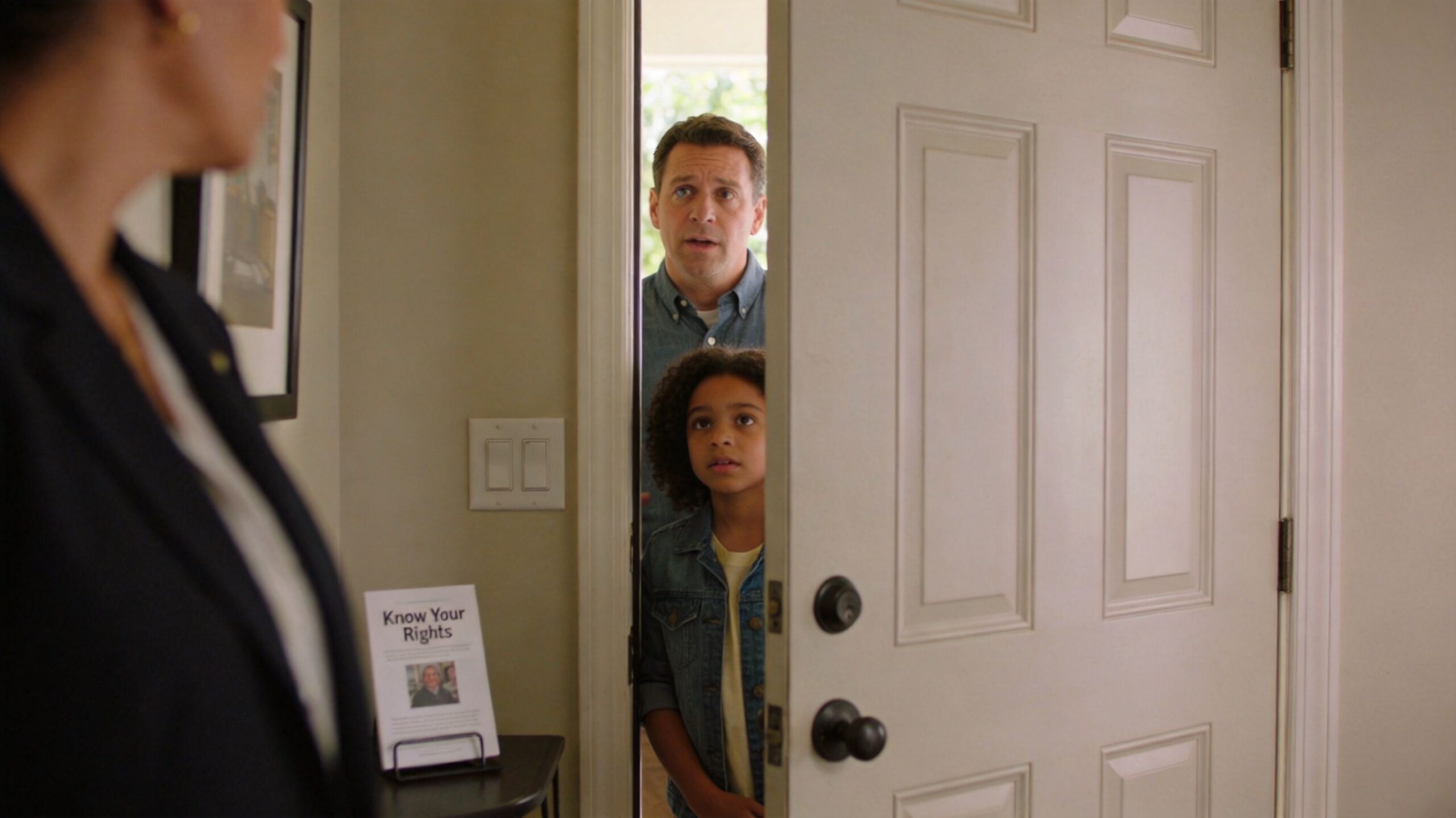 A man and a young girl standing at their front door speaking with a social worker.