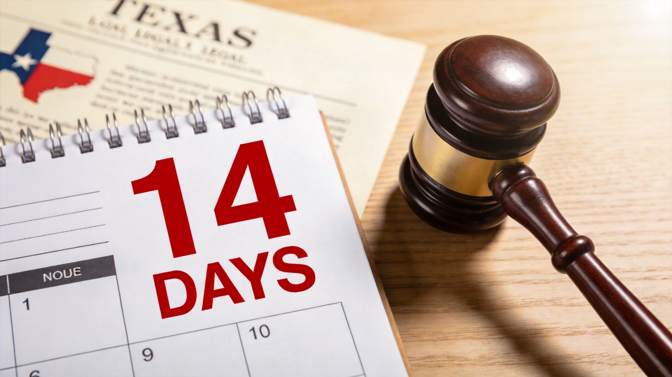 A gavel resting next to a calendar with the text 14 days, highlighting legal timelines in Texas.