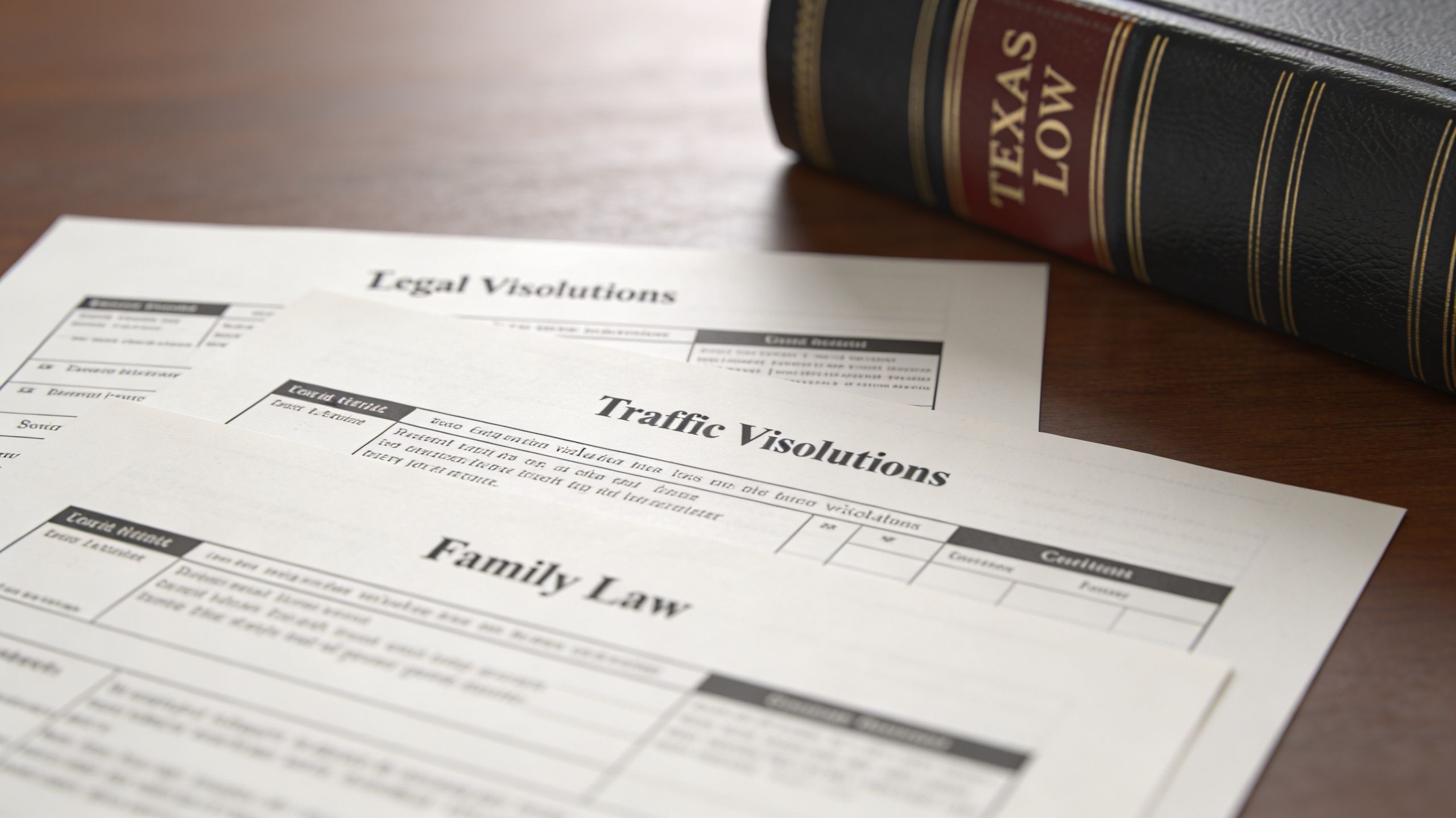 A stack of legal documents labeled with traffic violations and family law beside a Texas Law book.