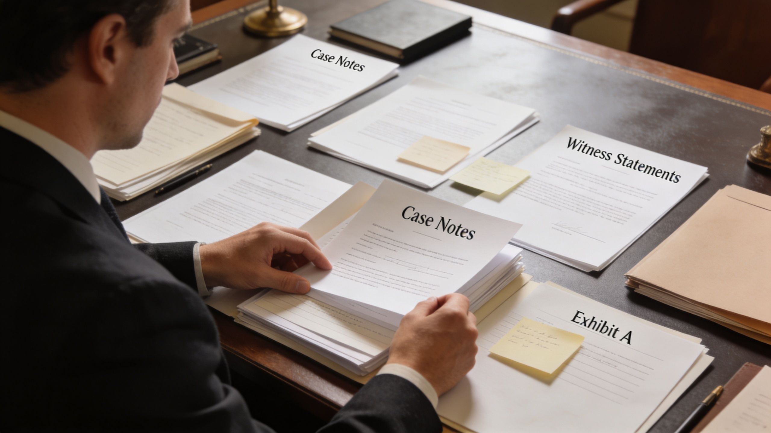 A professional attorney in a suit reviewing various legal documents, case notes, and exhibit files at a desk.