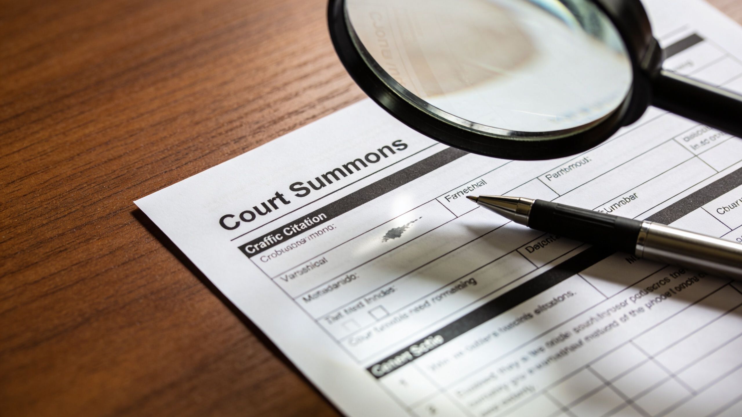 A magnifying glass resting on a court summons document with a pen, implying legal analysis of traffic violations.