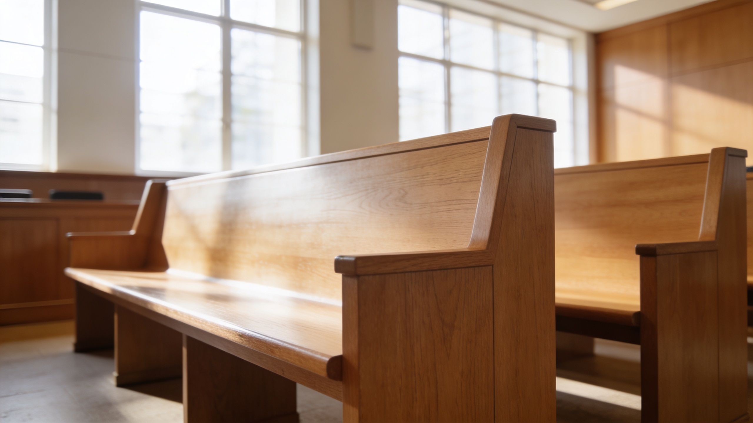 An empty wooden church bench or courtroom pew situated in a bright, sunlit room with large windows.