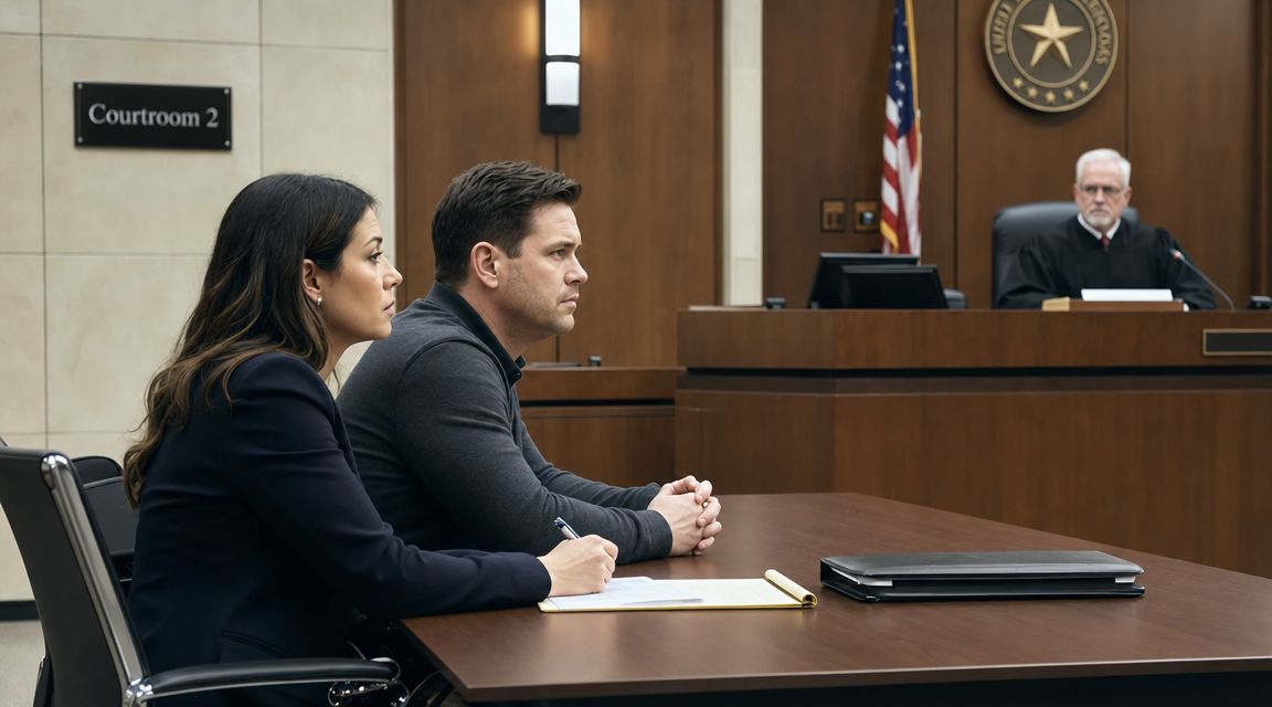 A man and woman sit at a table in a courtroom before a judge during a hearing.