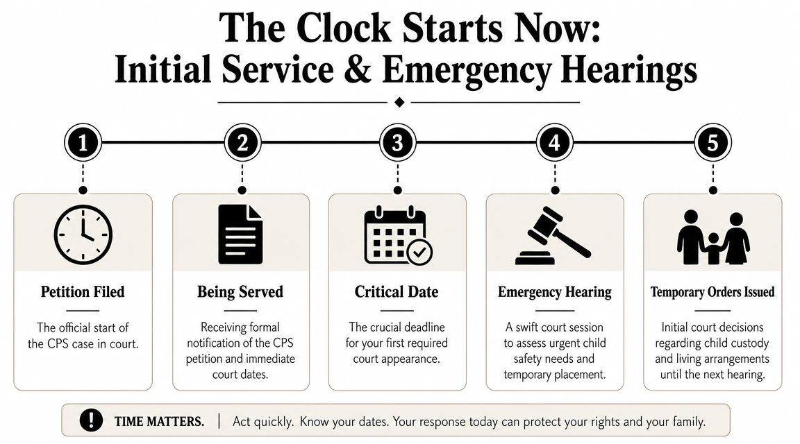 A five-step flowchart illustrating the CPS legal process, from filing a petition to issuing temporary orders.