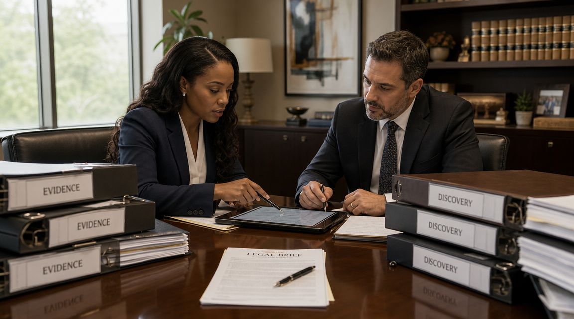 A professional man and woman in suits reviewing legal documents and a tablet in an office.