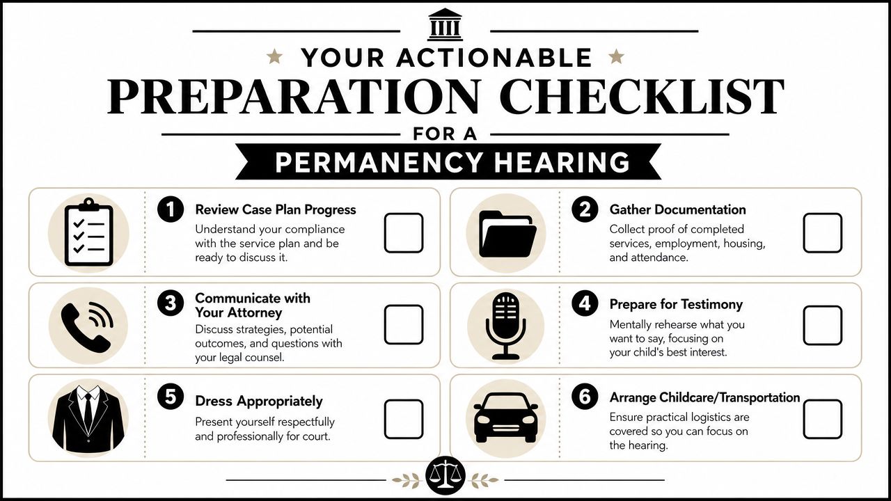 An actionable preparation checklist for parents attending a CPS permanency hearing featuring six essential steps.