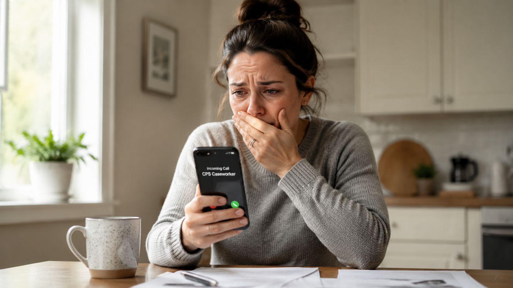 A distressed woman looking at her phone displaying an incoming call from a CPS caseworker.