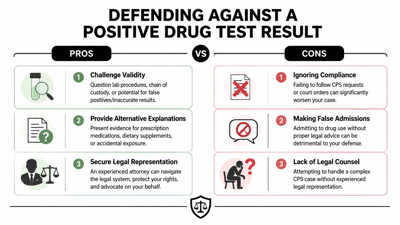 A professional infographic highlighting the pros and cons of defending against a positive CPS drug test result.