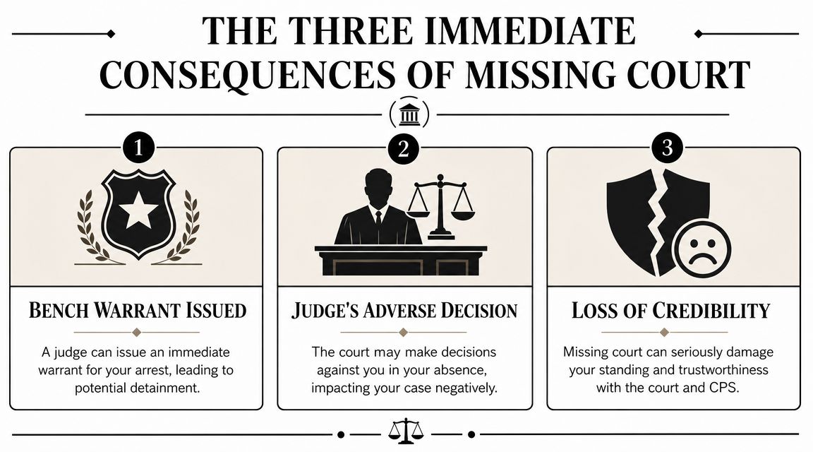 An infographic detailing the three immediate legal consequences of missing a court date for CPS cases.