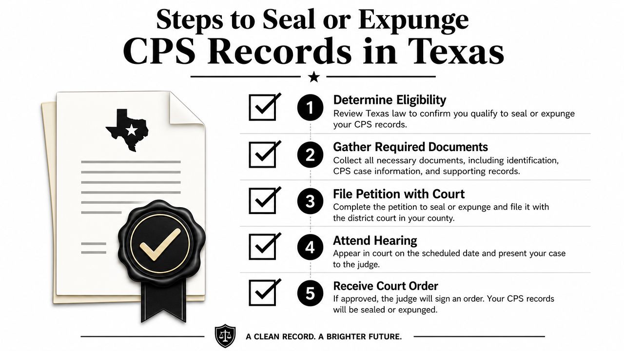 A checklist infographic outlining the five legal steps to seal or expunge CPS records in Texas.