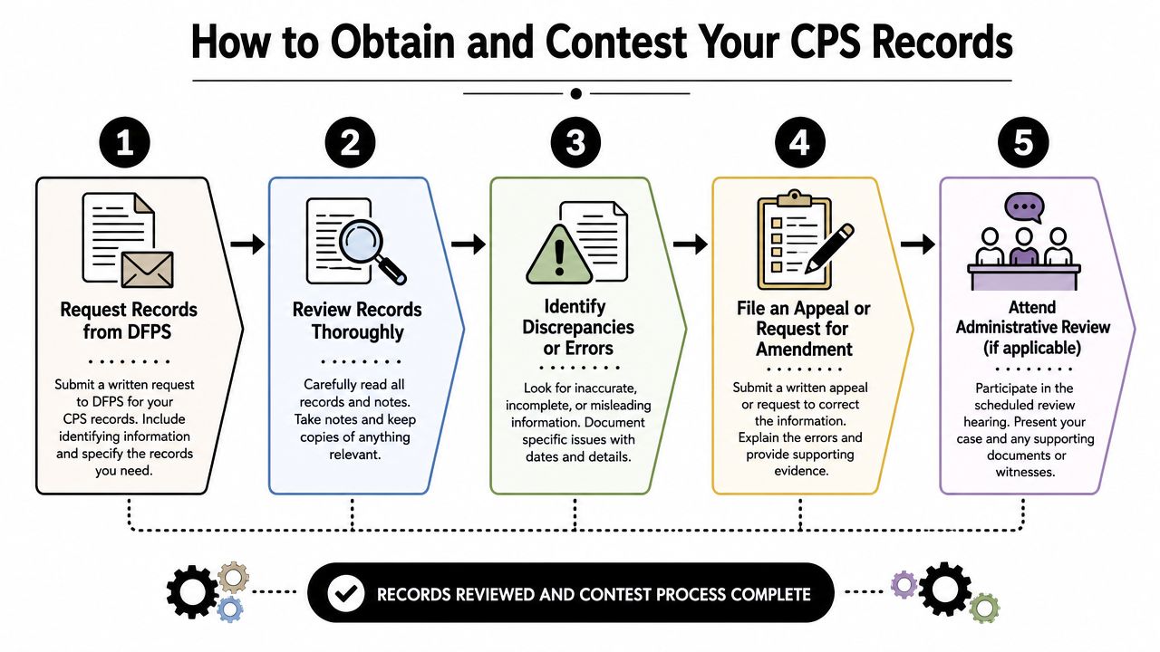 A five-step instructional diagram explaining how to obtain and contest Child Protective Services records from DFPS.