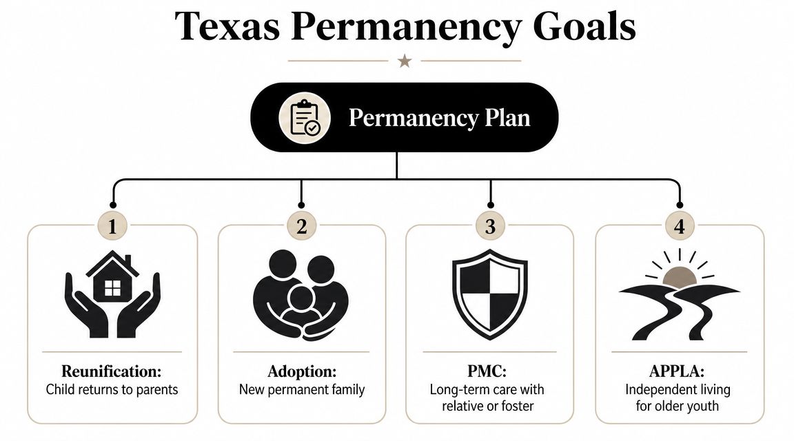 A flowchart titled Texas Permanency Goals outlining four primary permanence options for children in the CPS system.