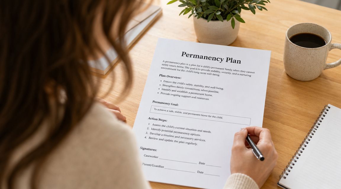 A person writing on a document titled Permanency Plan at a desk with a coffee mug.
