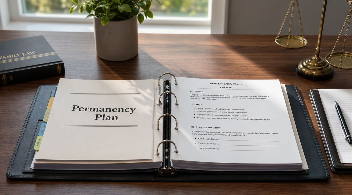 A permanency plan document inside a binder sits on a wooden desk next to scales of justice.