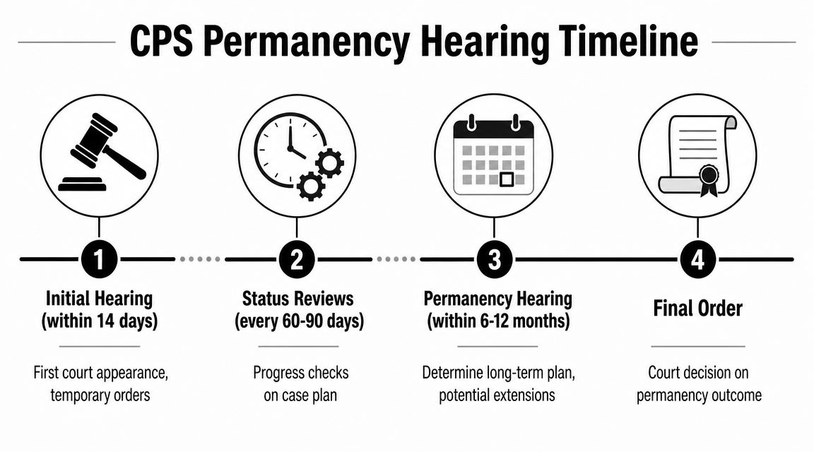 A four-step infographic illustrating the CPS permanency hearing timeline from the initial hearing to the final order.