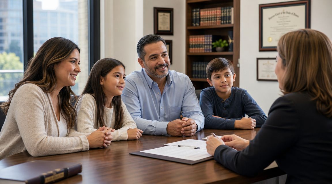 A family of four sitting at a wooden table in an office speaking with a professional advisor.