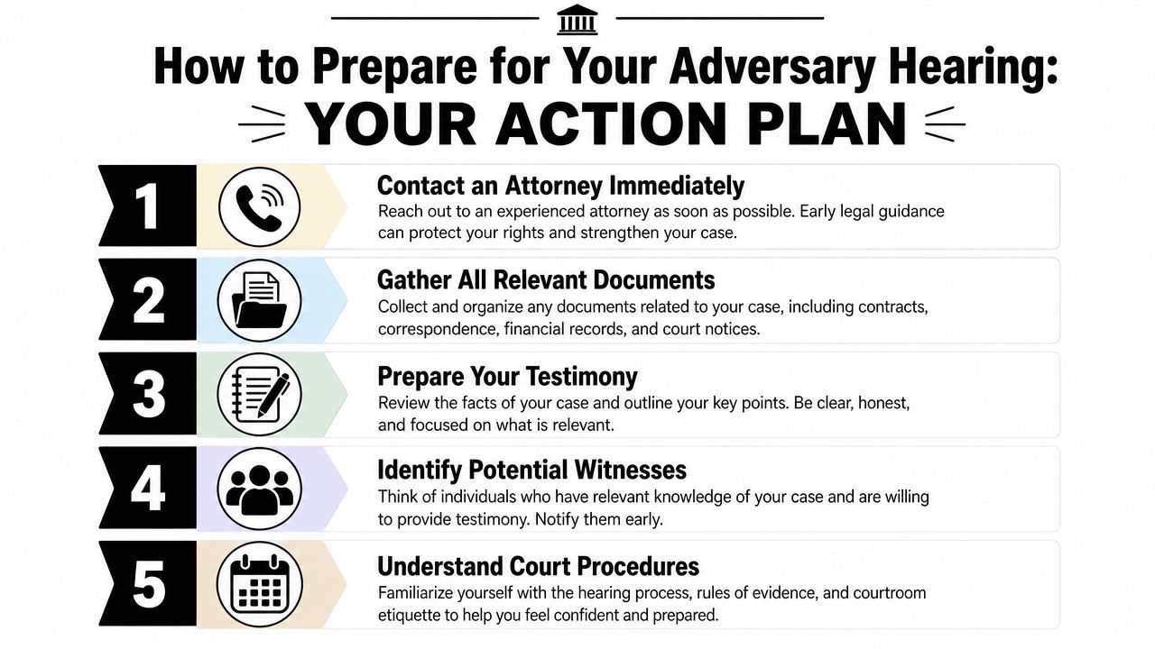 A five-step action plan guide for preparing for an adversary hearing in a legal case.