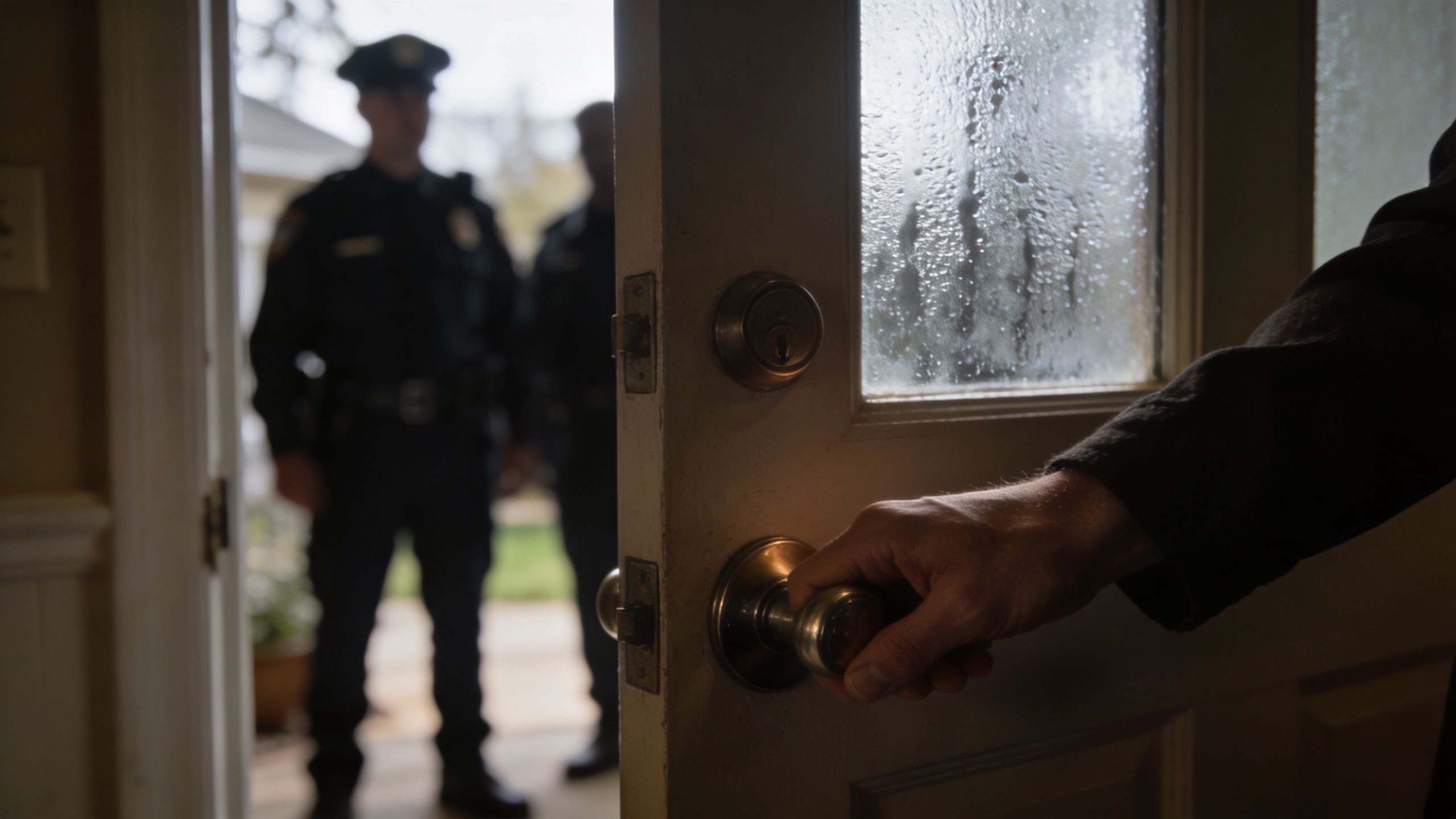 A person opening their front door to reveal two police officers standing on the porch outside.