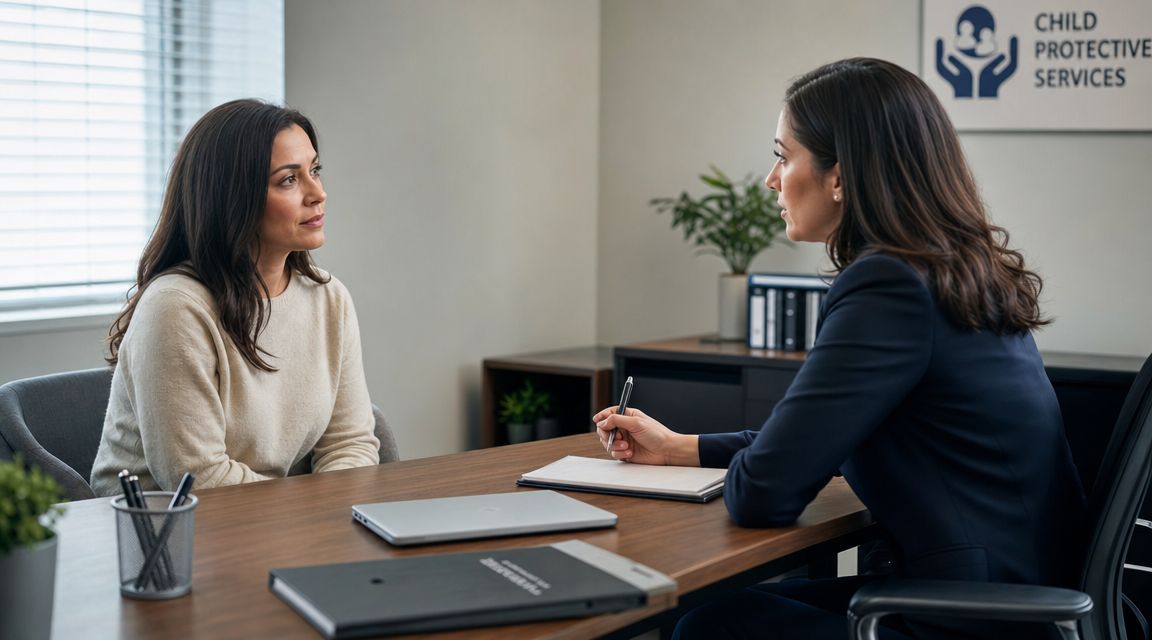 A woman sits across from a Child Protective Services caseworker in a professional office for a consultation.