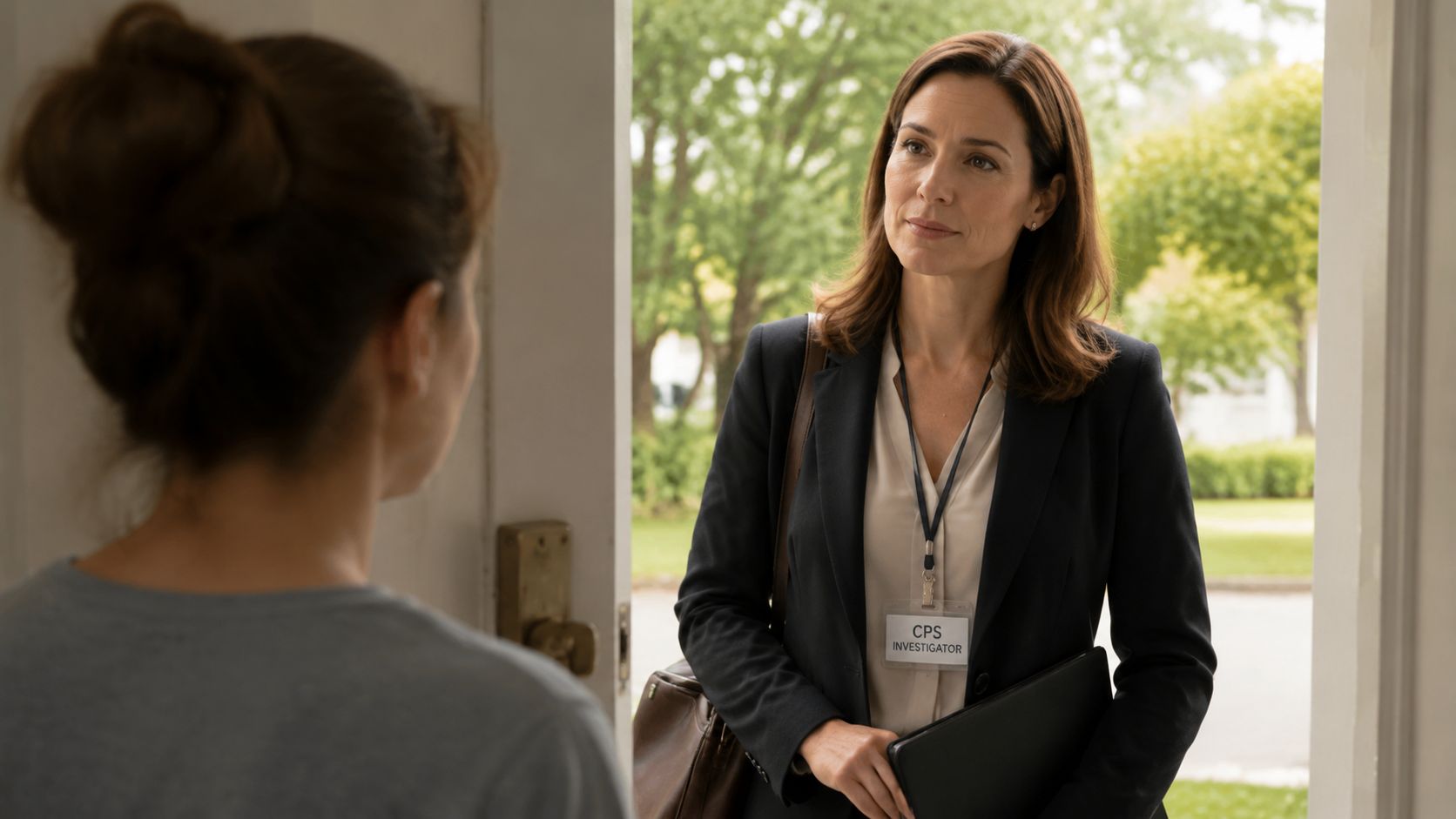 A professional woman wearing a CPS investigator badge stands at a doorway speaking to a resident.