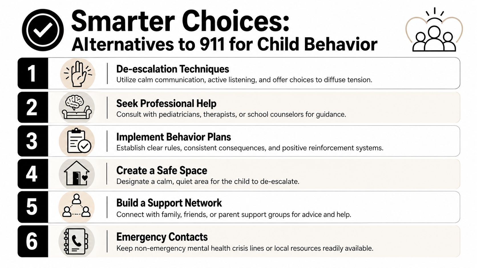 An infographic listing six smarter alternatives to calling 911 for managing challenging child behavior situations effectively.