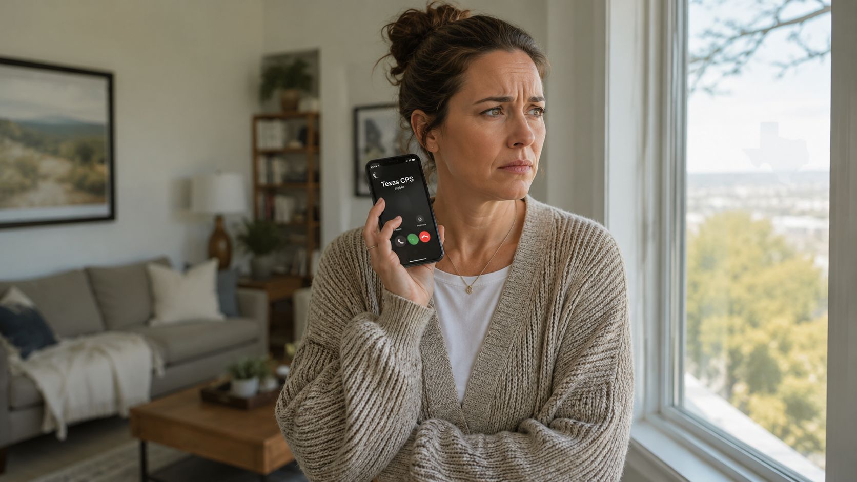 A concerned woman standing by a window holding a smartphone displaying an incoming call from Texas CPS.
