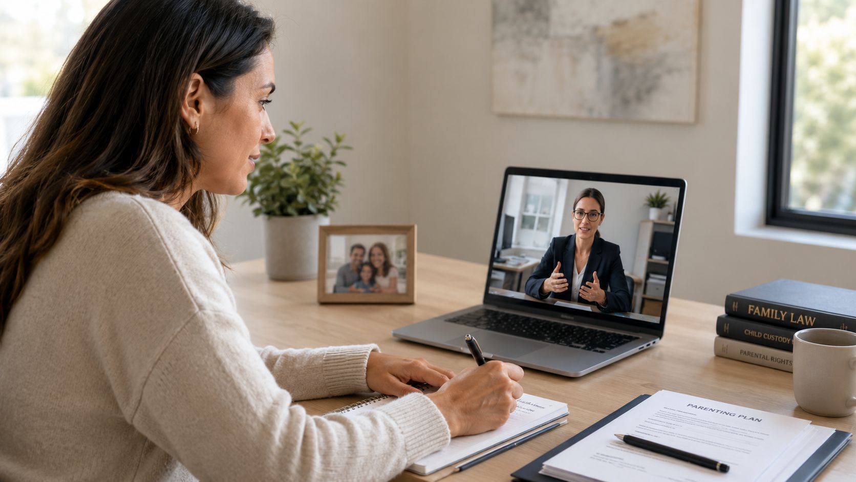 A woman participates in a video call about a parenting plan for family law legal proceedings.