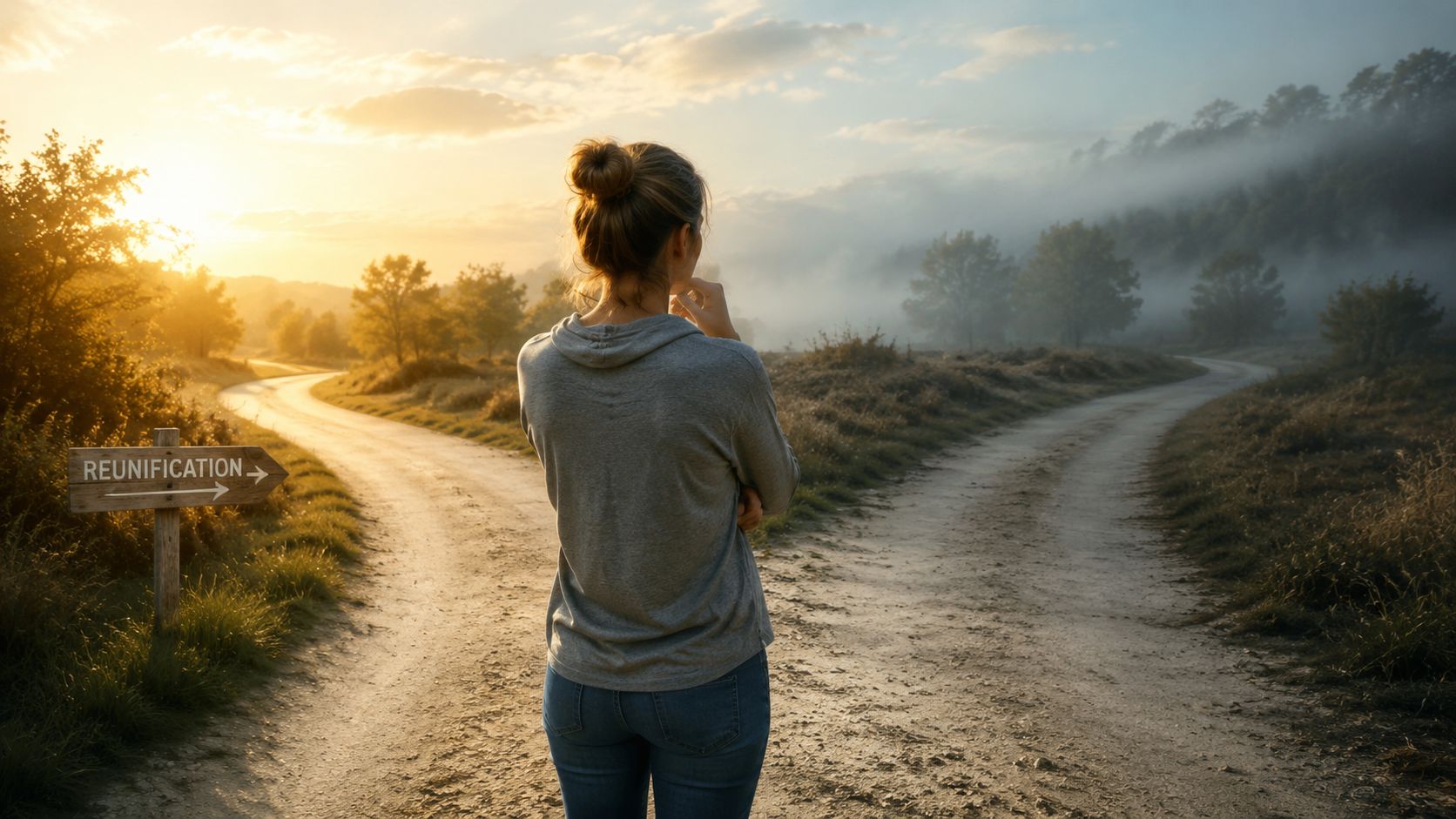 A person standing at a fork in a dirt road choosing between two paths during sunrise.
