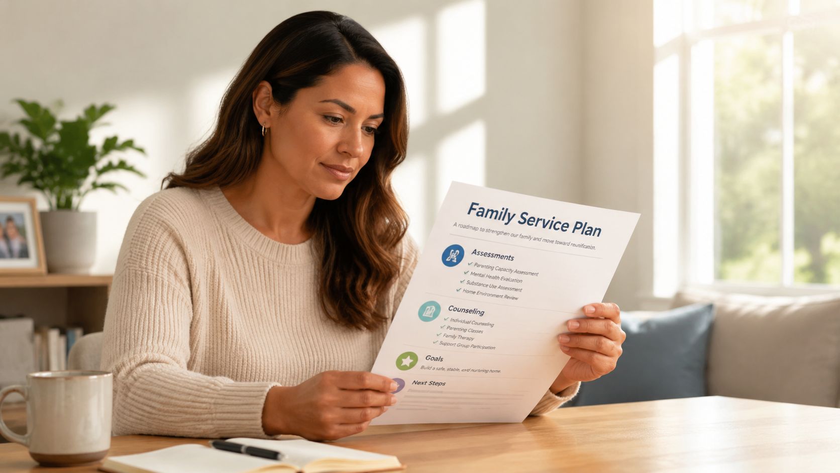 A woman looks at a Family Service Plan document to prepare for child reunification.